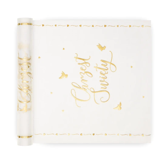 Bieżnik na stół Chrzest Święty z gołębicami – biało-złoty 5 m × 30 cm
