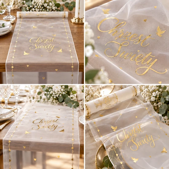 Bieżnik na stół Chrzest Święty z gołębicami – biało-złoty 5 m × 30 cm