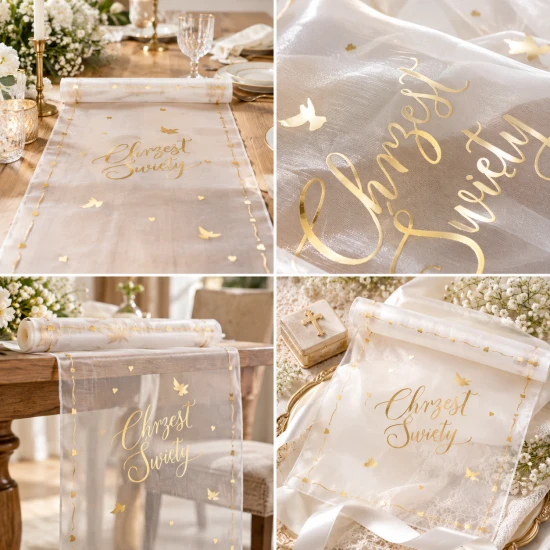 Bieżnik na stół Chrzest Święty z gołębicami – biało-złoty 5 m × 30 cm