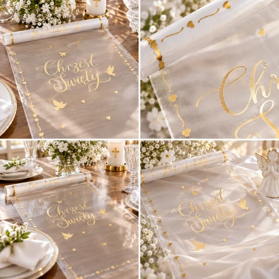 Bieżnik na stół Chrzest Święty z gołębicami – biało-złoty 5 m × 30 cm