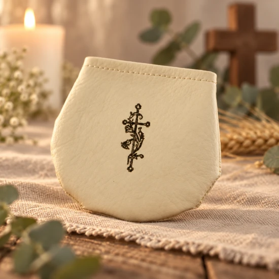 Ciemny motyw religijny z krzyżem widoczny na przedniej stronie etui.
