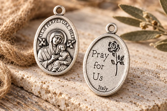 Rewers z wizerunkiem róży oraz angielskim napisem „Pray for Us”.