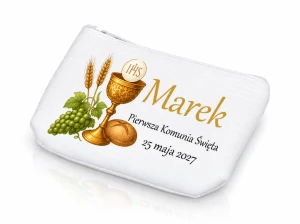 Białe etui na różaniec z imieniem – Komunia, Kielich IHS z nadrukiem UV 