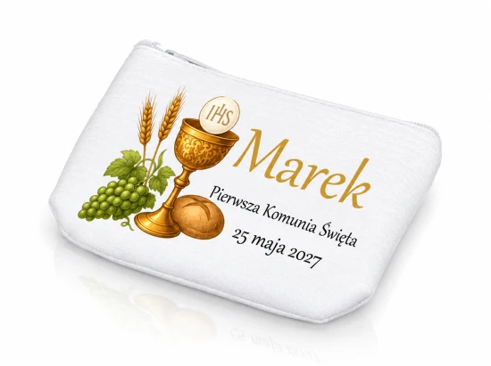 Białe etui na różaniec zamykane na zamek i wykonane ze skóry ekologicznej.