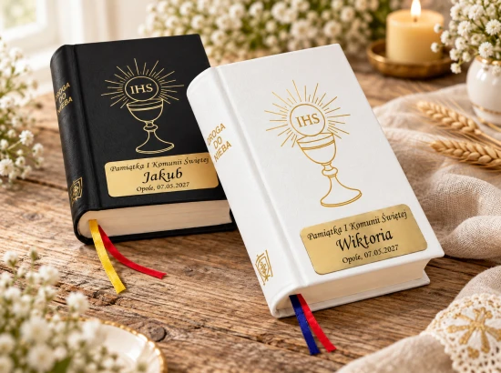 Biała i czarna wersja modlitewnika „Droga do Nieba” z personalizowaną tabliczką.
