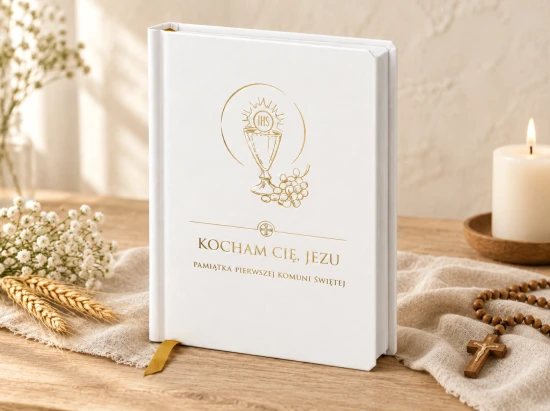Biały modlitewnik „Kocham Cię, Jezu” ze złoconym motywem Eucharystii.