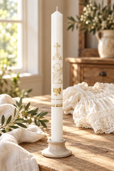 Świeca do Chrztu Świętego PREMIUM z Aniołkiem – biała gromnica 40 cm