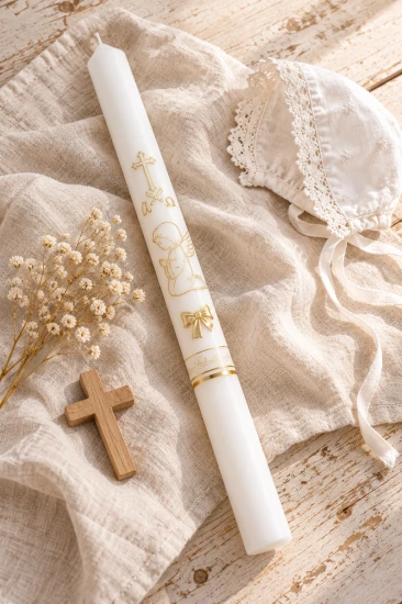 Świeca do Chrztu Świętego PREMIUM z Aniołkiem – biała gromnica 40 cm
