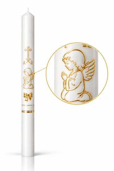 Świeca do Chrztu Świętego PREMIUM z Aniołkiem – biała gromnica 40 cm