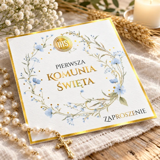 Złote obramowanie i foliowany napis uzupełniają białą okładkę zaproszenia.