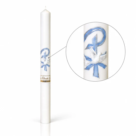 Świeca do Chrztu Świętego PREMIUM – Gołębica w błękicie, symbol Ducha Świętego