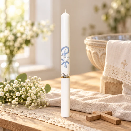 Świeca do Chrztu Świętego PREMIUM – Gołębica w błękicie, symbol Ducha Świętego