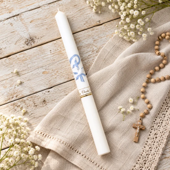 Świeca do Chrztu Świętego PREMIUM – Gołębica w błękicie, symbol Ducha Świętego