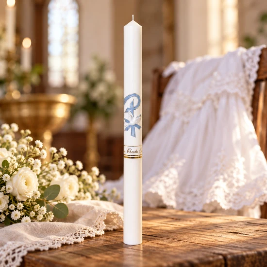 Świeca do Chrztu Świętego PREMIUM – Gołębica w błękicie, symbol Ducha Świętego