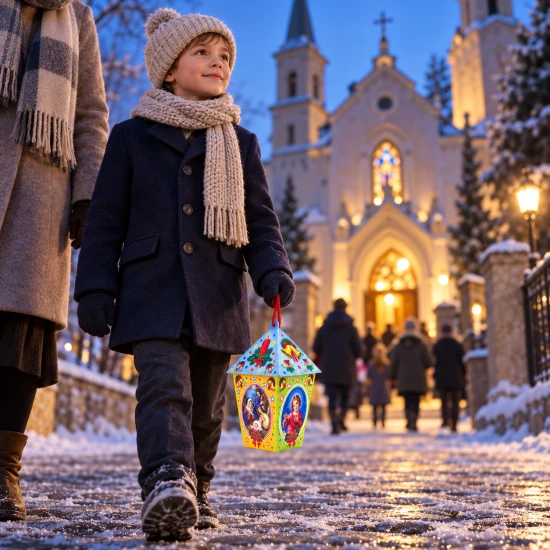 Lampion adwentowy LED na roraty ze Świętą Rodziną - niebieski