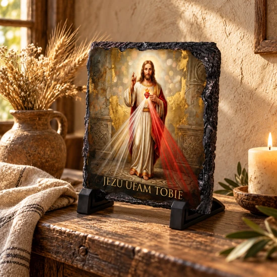 Jezus Miłosierny „Jezu ufam Tobie” – obraz religijny na granicie 14 × 14 cm z podstawką