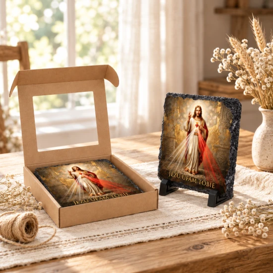 Jezus Miłosierny „Jezu ufam Tobie” – obraz religijny na granicie 14 × 14 cm z podstawką