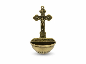 Kropielnica z Krzyżem - mosiężna ścienna na wodę święconą 11,5cm