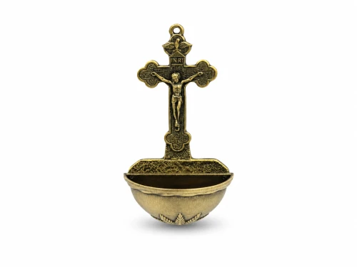 Kropielnica z Krzyżem - mosiężna ścienna na wodę święconą 11,5cm