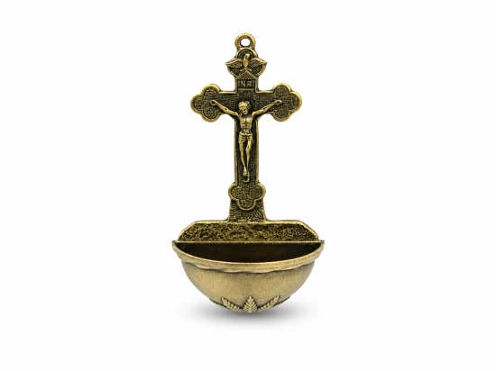 Kropielnica z Krzyżem - mosiężna ścienna na wodę święconą 11,5cm