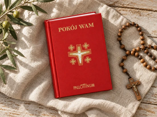 Centralną część okładki zdobi złocisty motyw krzyża z postacią Chrystusa.