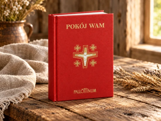 Na dole czerwonej okładki umieszczono złocistą nazwę Wydawnictwa Pallottinum.