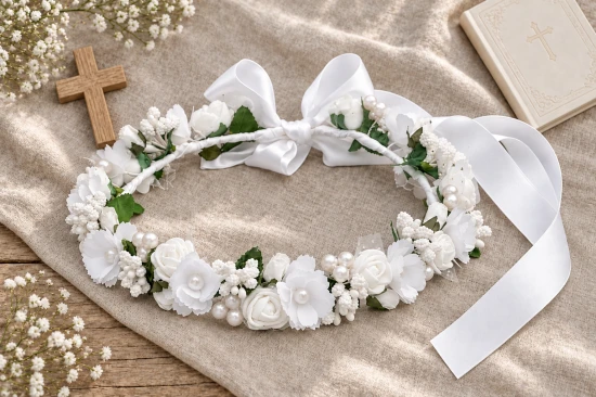 Subtelne perełki nadają wiankowi elegancji i sakramentalnego charakteru.