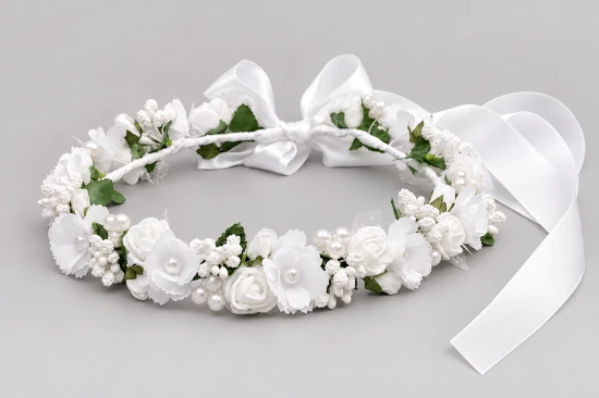 Subtelne perełki nadają wiankowi elegancji i sakramentalnego charakteru.