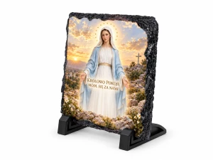 Matka Boża Królowa Pokoju – obraz religijny na granicie 14 × 14 cm z podstawką