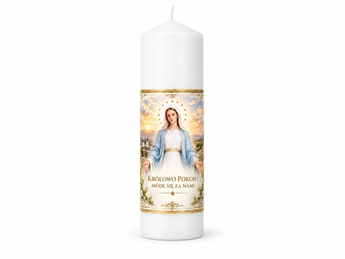 Biała świeca maryjna na białym tle