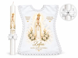 Zestaw chrzcielny Matka Boża Fatimska – świeca i szatka z imieniem
