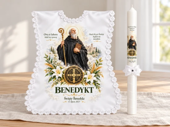 Biały komplet do chrztu Świętego Benedykta – Ora et Labora, komplet chrzcielny