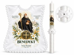 Świeca i szatka na Chrzest BENEDYKT™ – Ora et Labora, komplet chrzcielny