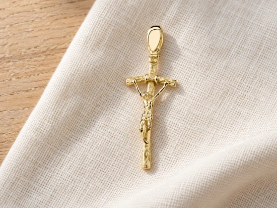 Krzyżyk papieski pozłacany 24K ze srebra 925 – krucyfiks Jana Pawła II na lnianym tle