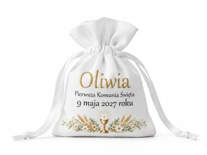 Woreczek na różaniec komunijny IHS – personalizowana sakiewka z imieniem