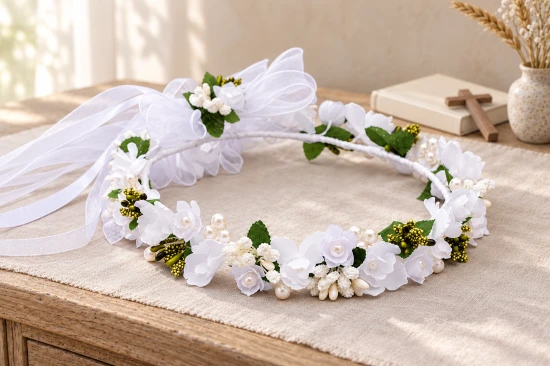 Drobne białe kwiaty i perełki tworzą elegancką, komunijną kompozycję.