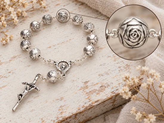 Różaniec włoski metalowy dziesiątka z różą papieską 8 mm