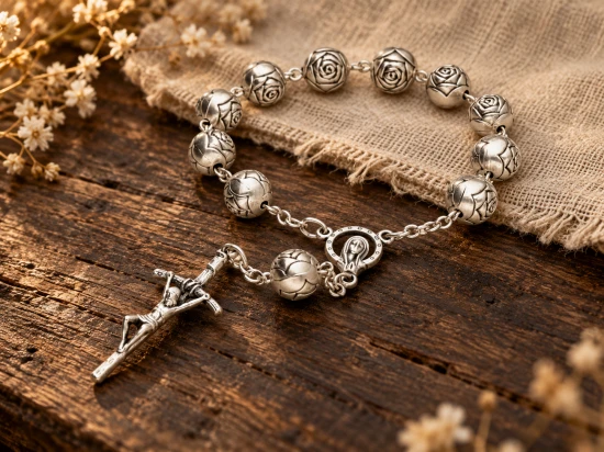 Różaniec włoski metalowy dziesiątka z różą papieską 8 mm