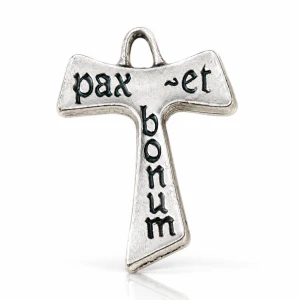 Metalowy krzyżyk TAU „Pax et bonum” – srebrny, 2,2 cm