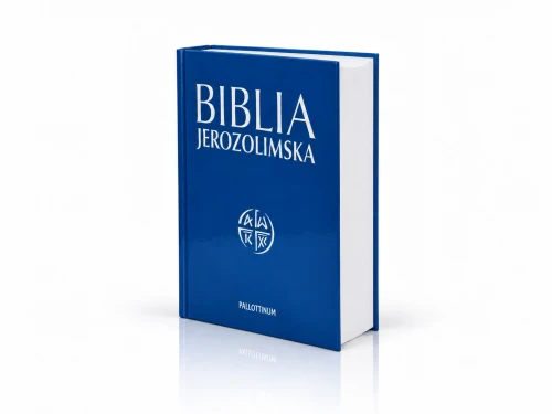 Biblia Jerozolimska w twardej oprawie z tytułem umieszczonym na froncie.