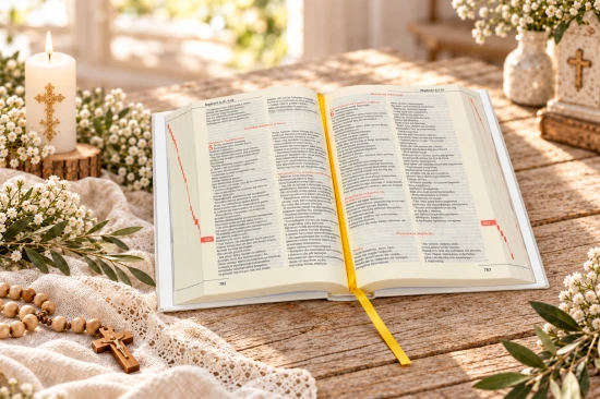 Otwarta Biblia z dwukolorowym drukiem i oznaczeniami ksiąg na marginesach.
