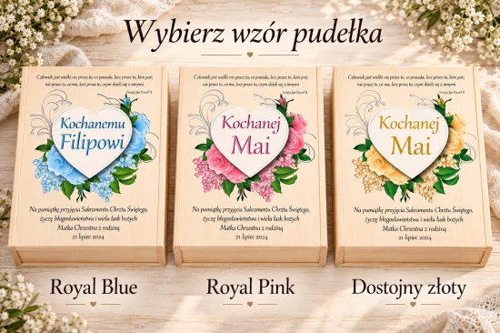 Trzy warianty nadruku: Royal Blue, Royal Pink i Dostojny złoty.