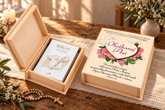 Biblia w białej oprawie z napisem „Pamiątka Chrztu Świętego”.