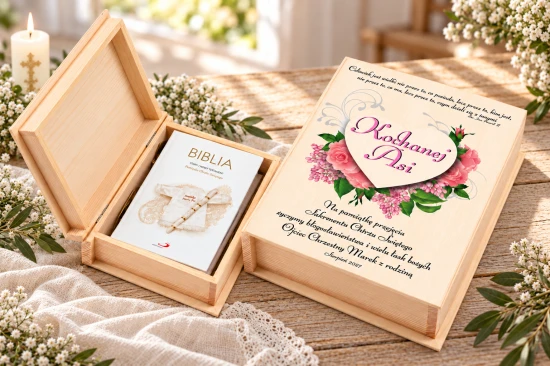 Biblia w białej oprawie z napisem „Pamiątka Chrztu Świętego”.