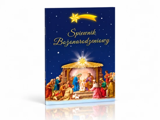 Otwarte strony śpiewnika z tekstami kolęd i niebieskim motywem śnieżynek.