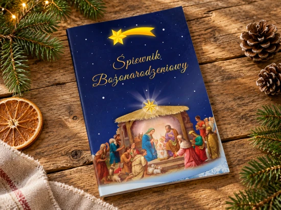 Granatowa okładka przedstawia scenę narodzenia Jezusa i Gwiazdę Betlejemską.