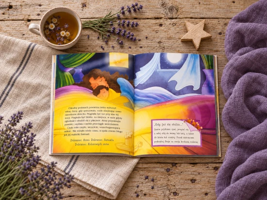 Granatowe nocne niebo i księżyc nawiązują do wieczornego czytania.