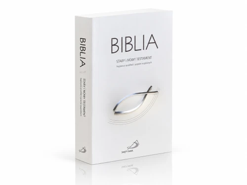 Biblia Paulistów w jasnoszarej, miękkiej oprawie z motywem ryby.