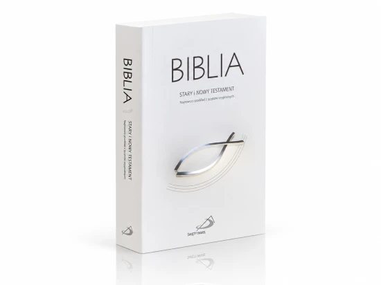 Biblia Paulistów w jasnoszarej, miękkiej oprawie z motywem ryby.