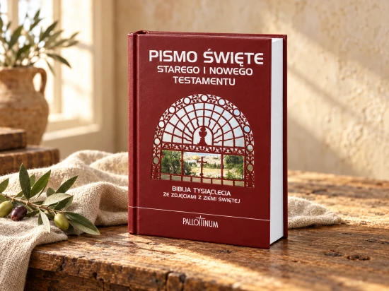 Biblia Tysiąclecia w bordowej twardej oprawie ze srebrzystymi napisami.